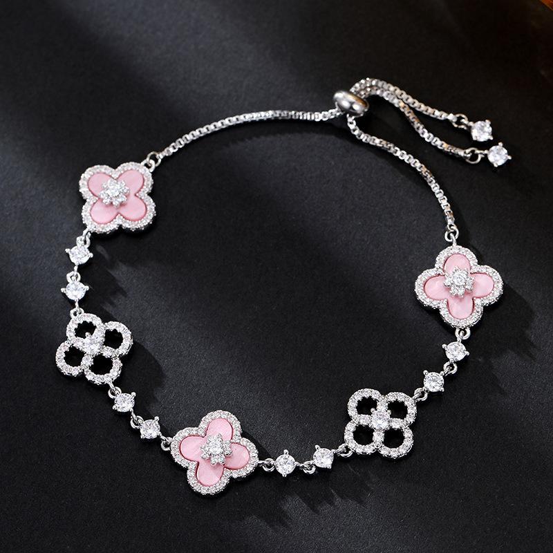 Pink Cherry Blossom Mother-Of-Pearl Four-Leaf Clover Bracelet, Inlaid With Micro-Zircon, Colorful Openwork Design.