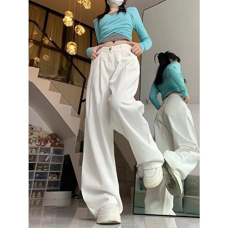Spring Summer High Waist Wide Leg Jeans Women White Loose Wrinkle Design Fashion Drape Slimming Pants