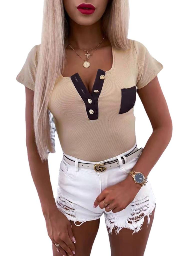 2023 Lente Zomer Knopen T-shirt Dames V-hals Slim Tee Korte mouw Mode Dames Kantoor Tops Effen Casual T-shirt Top 25075