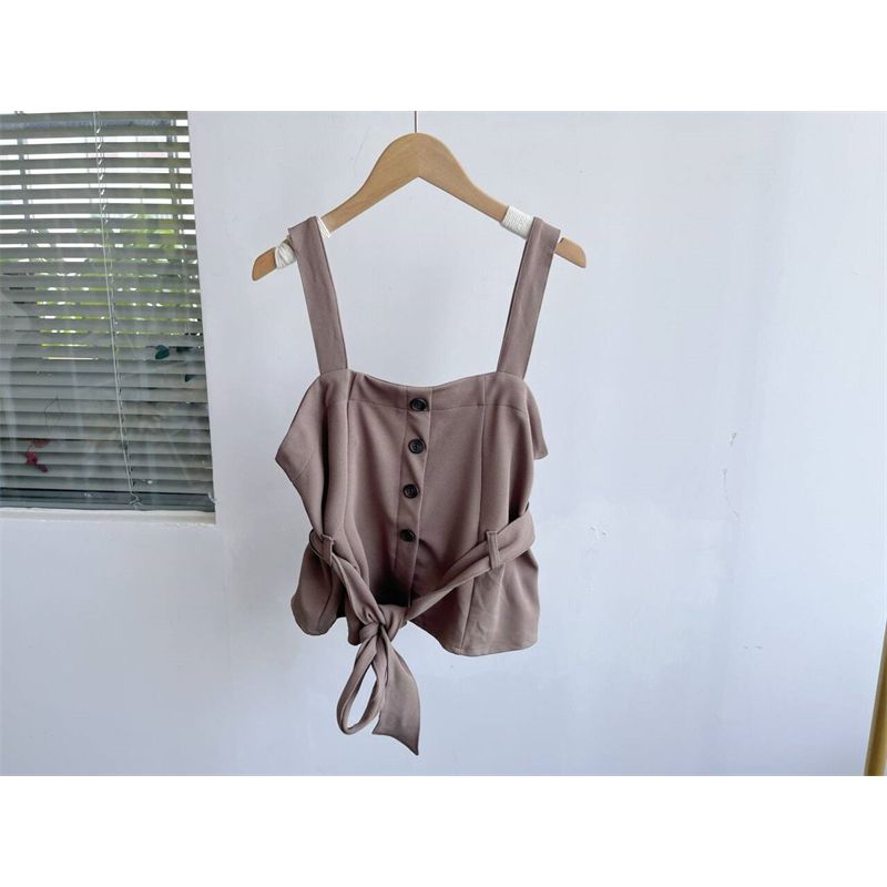 

Микро Изъян Корейский Стиль Однотонный Жилет Слинг Мода На Все Случаи Минималистичный Темперамент Досуг Свободный Без Рукавов Короткий Летний Y7 Coffee (with belt) L