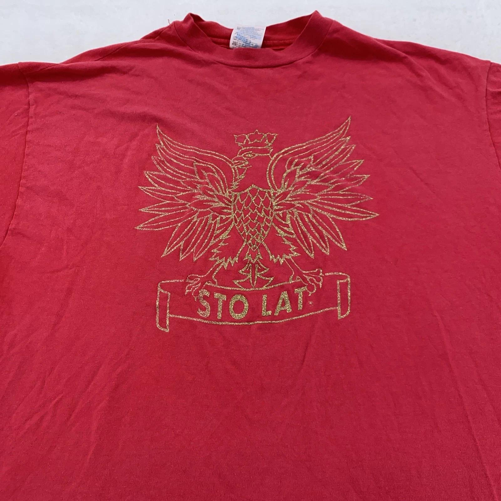 Винтажная рубашка Sto Lat Мужская L/XL Красная Польский Орел Золотая Графика Hanes 90-е S