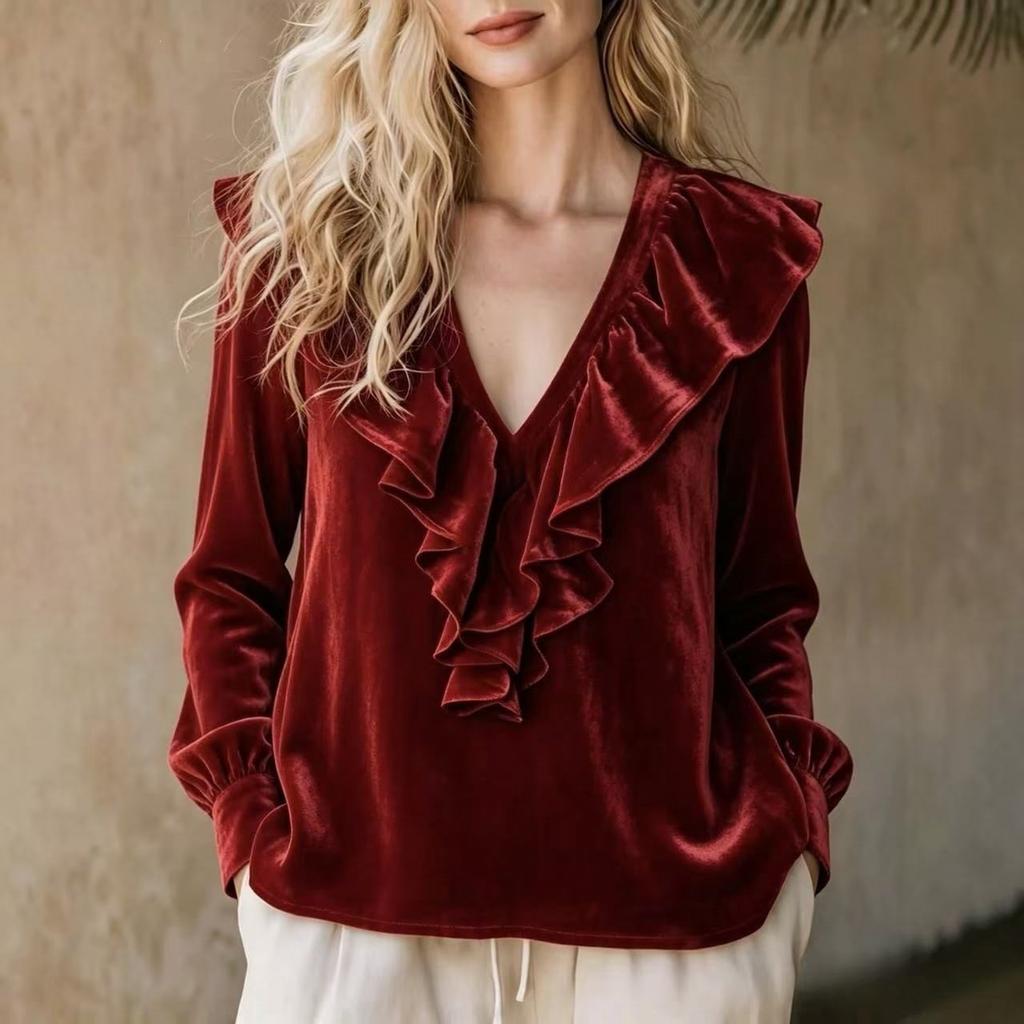 Women's Velvet V-Neck Blouse with Ruffle for Elegant
