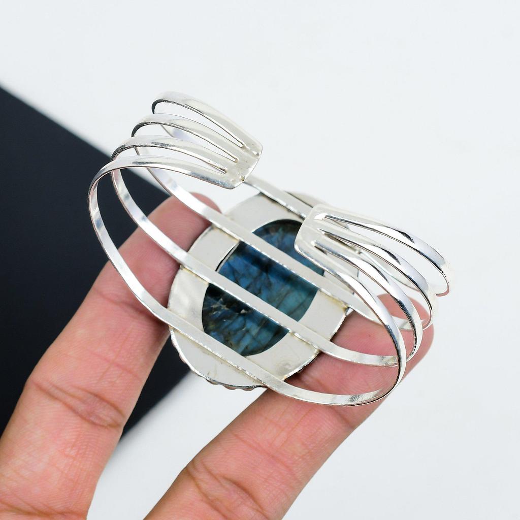 Natural Blue Flash Labradorite Gemstone Handmade 925 Sterling Silver Cuff Bangle, Blue Flash Labradorite Bangle,For Wife, Unisex Bangle, Gifts