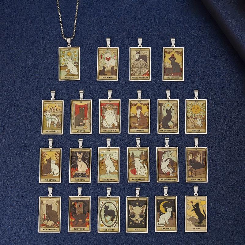 Stainless Steel Epoxy Cat Tarot Card Pendant Necklace For Men Boys Animal Divination Jewelry