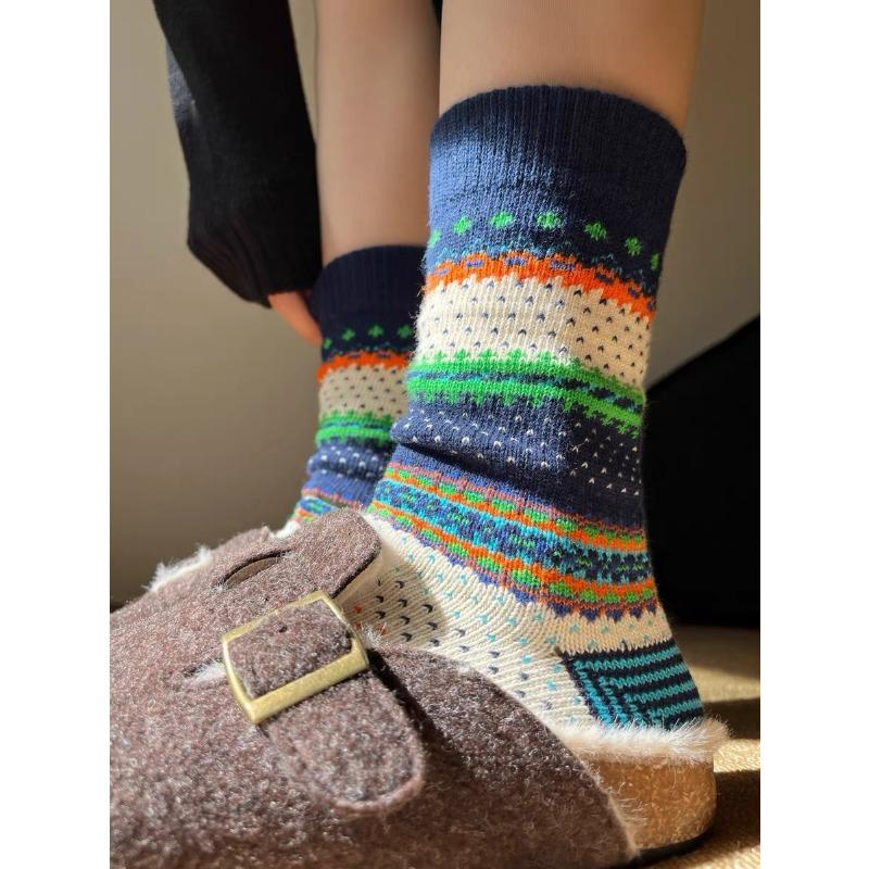 Trendy Ethnic Style Socks for Women, Pure Cotton, Autumn and Winter, Personalized and Versatile, Color-blocking Thick Thread Pile Socks