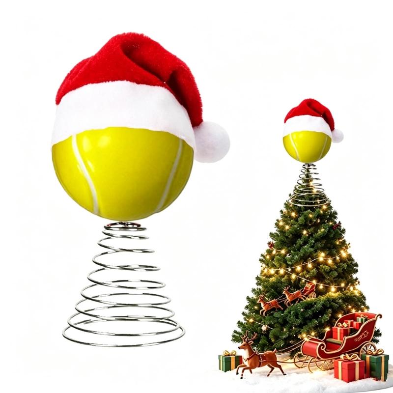 Sports Ball Christmas Tree Top Ornament, Spring Mounted Santa Hat Style for Indoor Holiday Party Tabletop Shelf Display