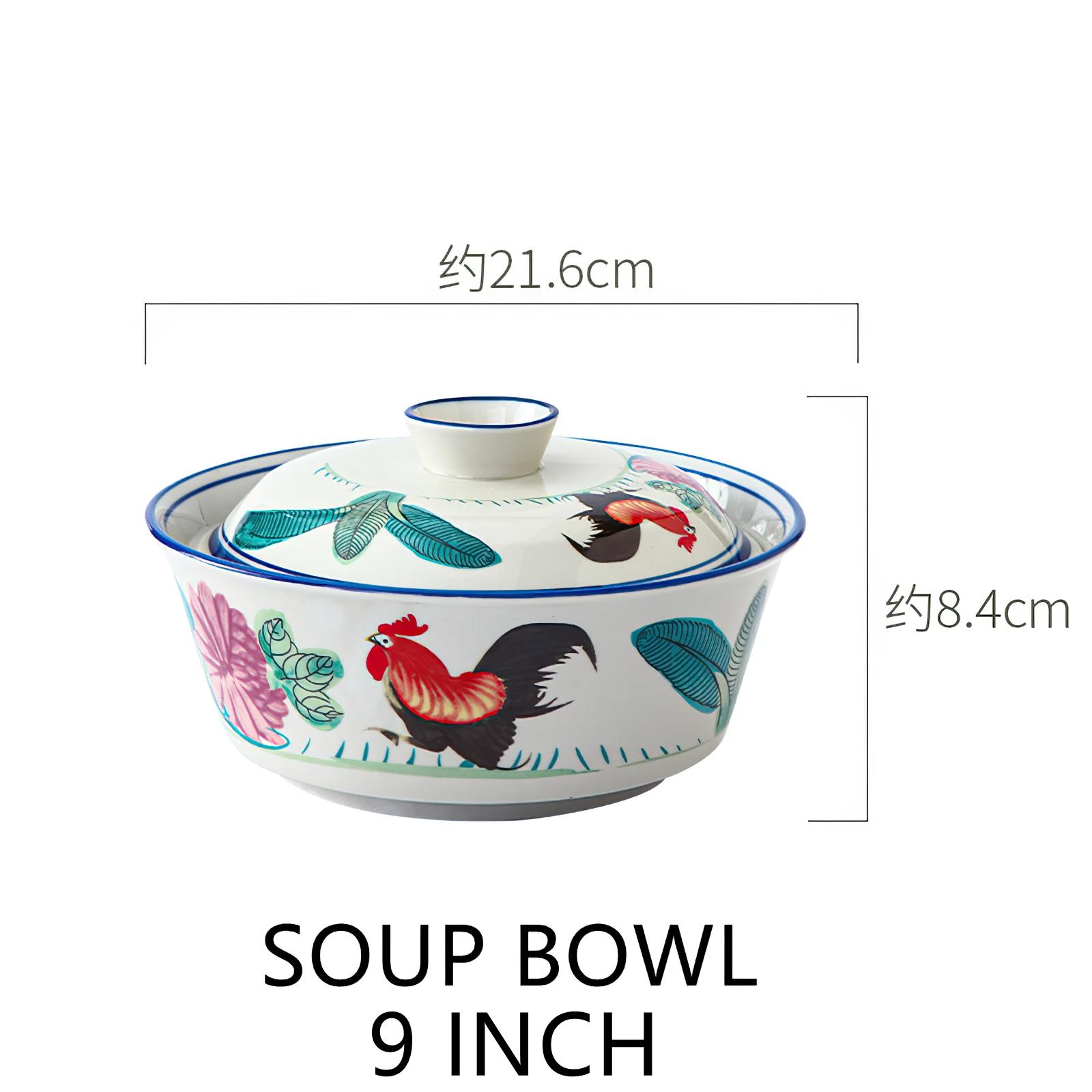 

Ceramic Rice Bowl with Lid Korean Retro Household Rooster Soup Pot Hotel Porcelain Tableware Stewed Soup Bowl Kitchen Supplies