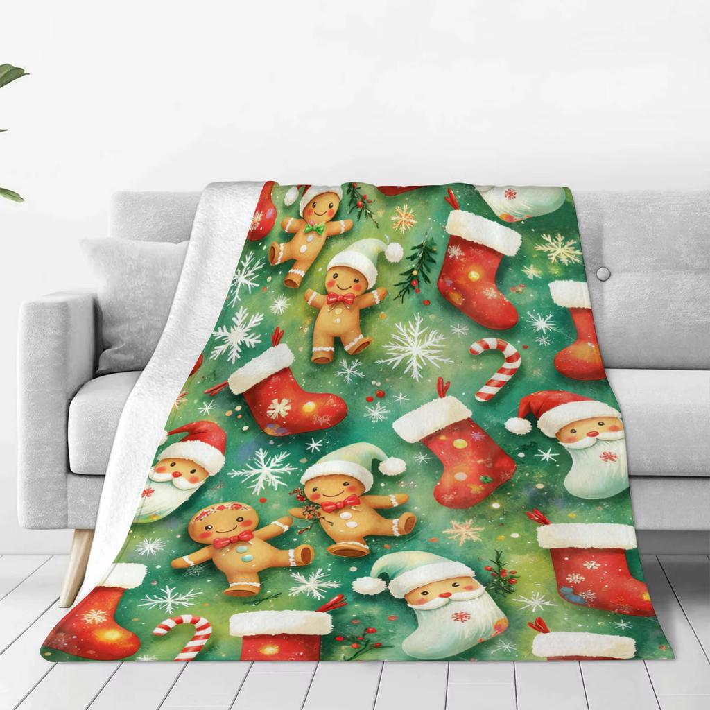 Green Blanket Christmas Stocking Gingerbread Man Soft Flannel Blanket for Home Living Room Bedroom Decor New Year Christmas Gift