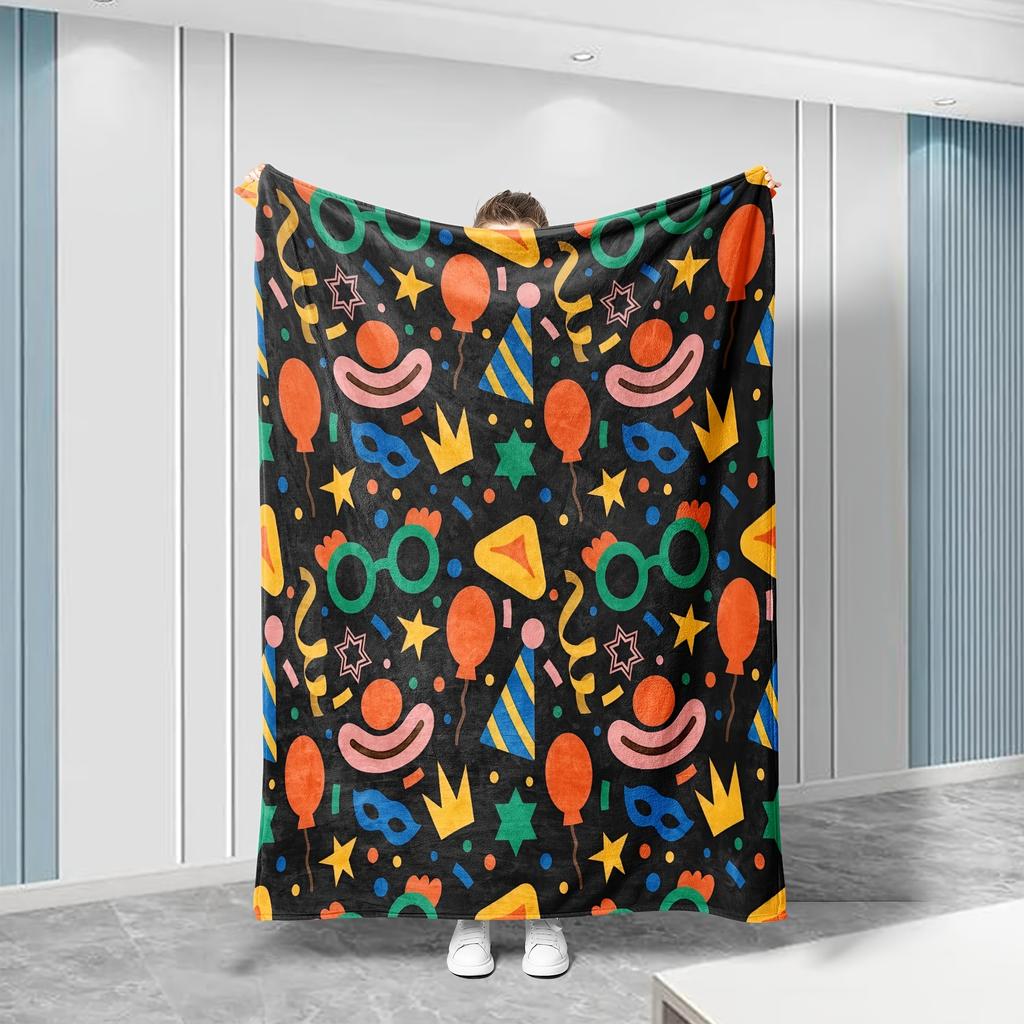 A Comfortable Party Theme Fleece Blanket Perfect Gift Soft High-Definition Digital Print Black Base with Colorful Balloons Masks