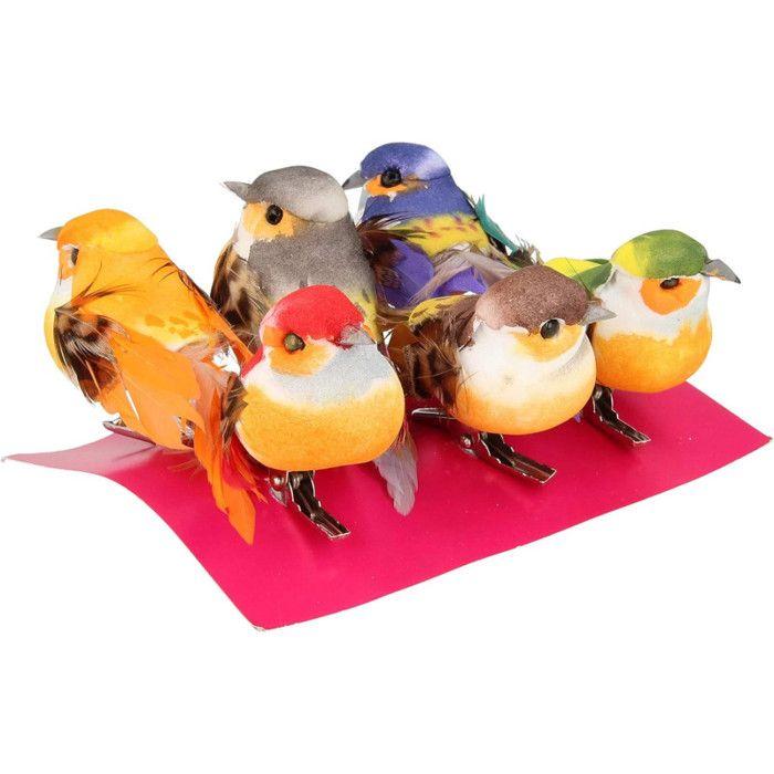 6 OISEAUX COULEUR SUR PINCE - 8X3,5X3,5 CM