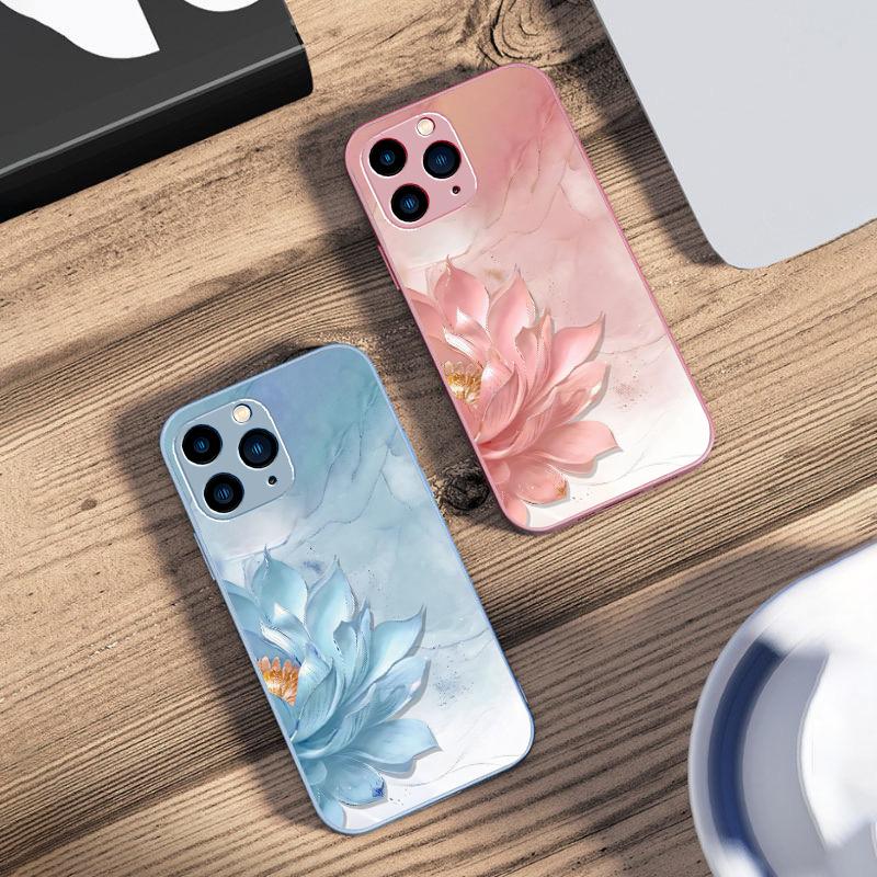 Side Lotus White For IPhone 16 Pro Max 15 Pro 14 13 12 Mini 11 XS Max XR 7 8 Plu SE 2022 Tempered Glass Phone Case