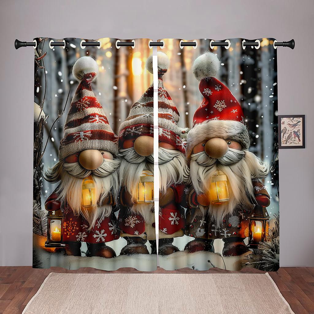 Vánoční gnomské závěsy 2 panely 3D tisk Zatemňovací Zimní dekorace Ložnice Obývací pokoj Severský trpaslík Lucerna Sněhová scéna Svátek