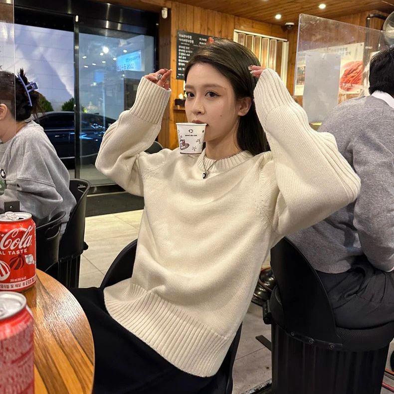 

Корейский свитер в рубчик с круглым вырезом для женщин - Свободный крой, Универсальный вязаный топ для осени/зимы 2024 Extra Large