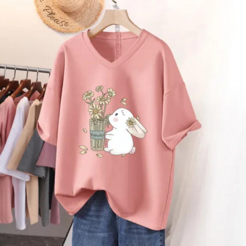 Dámské tričko s krátkým rukávem, volného střihu, zeštíhlující top s potiskem a výstřihem do V