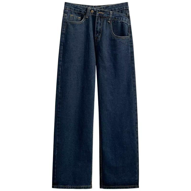 Women's High-Waist Blue-Gray Wide-Leg Jeans: New Spring/Autumn Styles, Cross-Waist, Small Size, Loose, Versatile, Floor-Length.