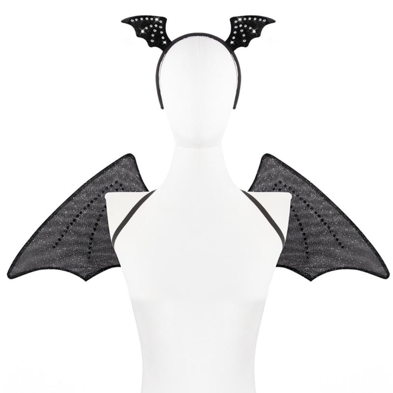 Halloween Wing Bats Wing with Headwear Set Vampires Costume Wing Bats Ears Headband Black Wing for Fancy Dress Parties