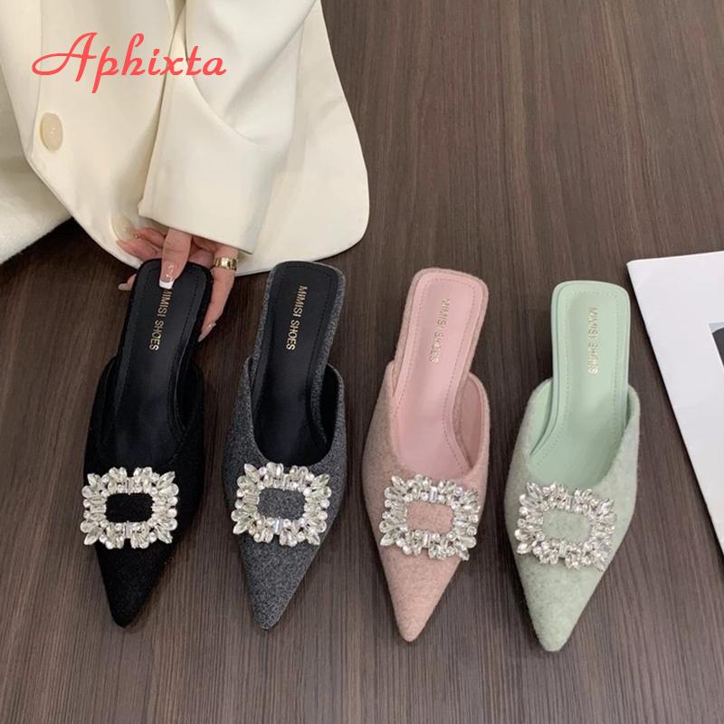 Fashion Aphixta Sexy Med Heels Elegant Women Slides Pointed Toe Summer Dress Slides Luxury Crystal Grey Low Heel Slipper Shoes