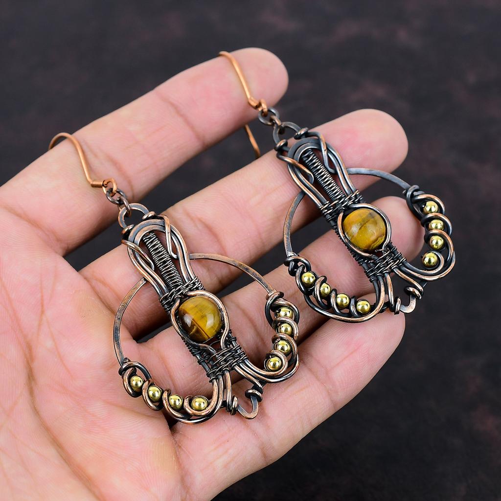Tiger's Eye Earring Copper Wire Wrapped Earrings Gemstone Jewelry Dangle Drop Earrings Handmade Copper Jewelry Gift For Mom Designer Earring