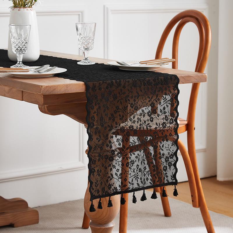 Elegant Nordic White Lace Table Runner with Crochet Tassels - Perfect for Dining or Coffee Tables, Ideal for Christmas Decor.