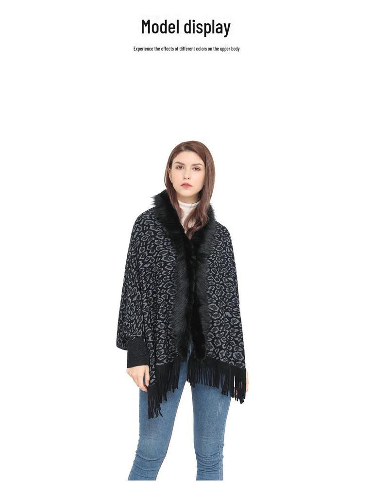 Abrigo Chal de Punto de Lana con Cuello de Piel de Leopardo para Mujer