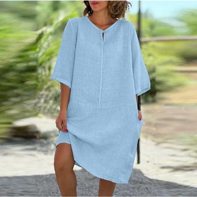 Autumn Cotton Linen Small V-neck Patchwork Retro Solid Color Seven Quarter Sleeve Dress for Women