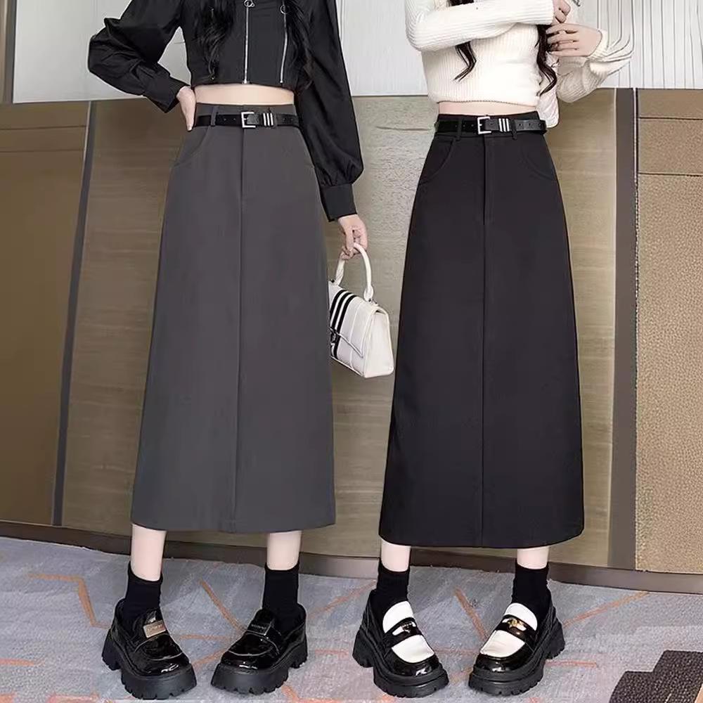 Women's 2024 High-Waist Black A-Line Split Skirt: Elegant, Versatile for Spring & Autumn