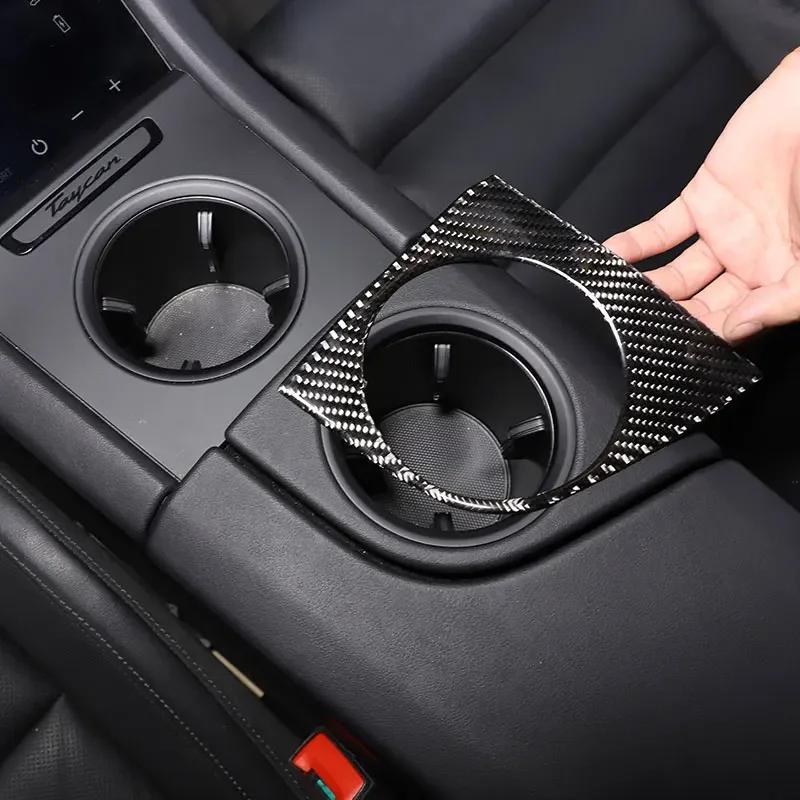 Soft Carbon Fiber Car Central Cup Holder Cover Decorate Sticker Interior Car Accessories For Porsche Taycan 2019-2025 (LHD RHD)
