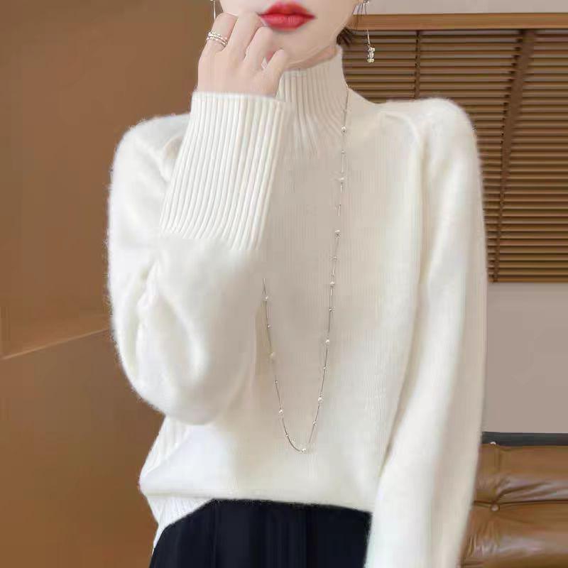 WTEMPO Autumn and Winter Semi High Neck Sweater Loose Knitted Top and Pullover Knit Sweater