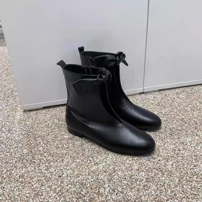 New leather round head bow lace-up V-mouth flat bottom casual versatile short boots women