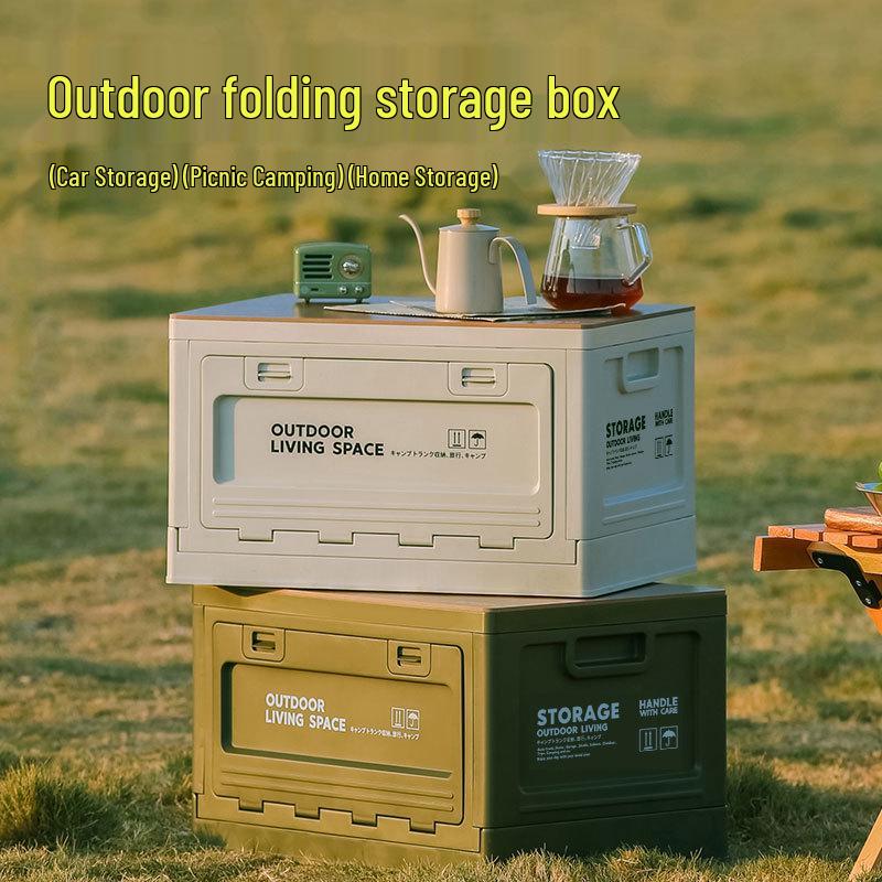 Folding Camping Storage Box with Wooden Lid - Outdoor Picnic & Car Trunk Organizer