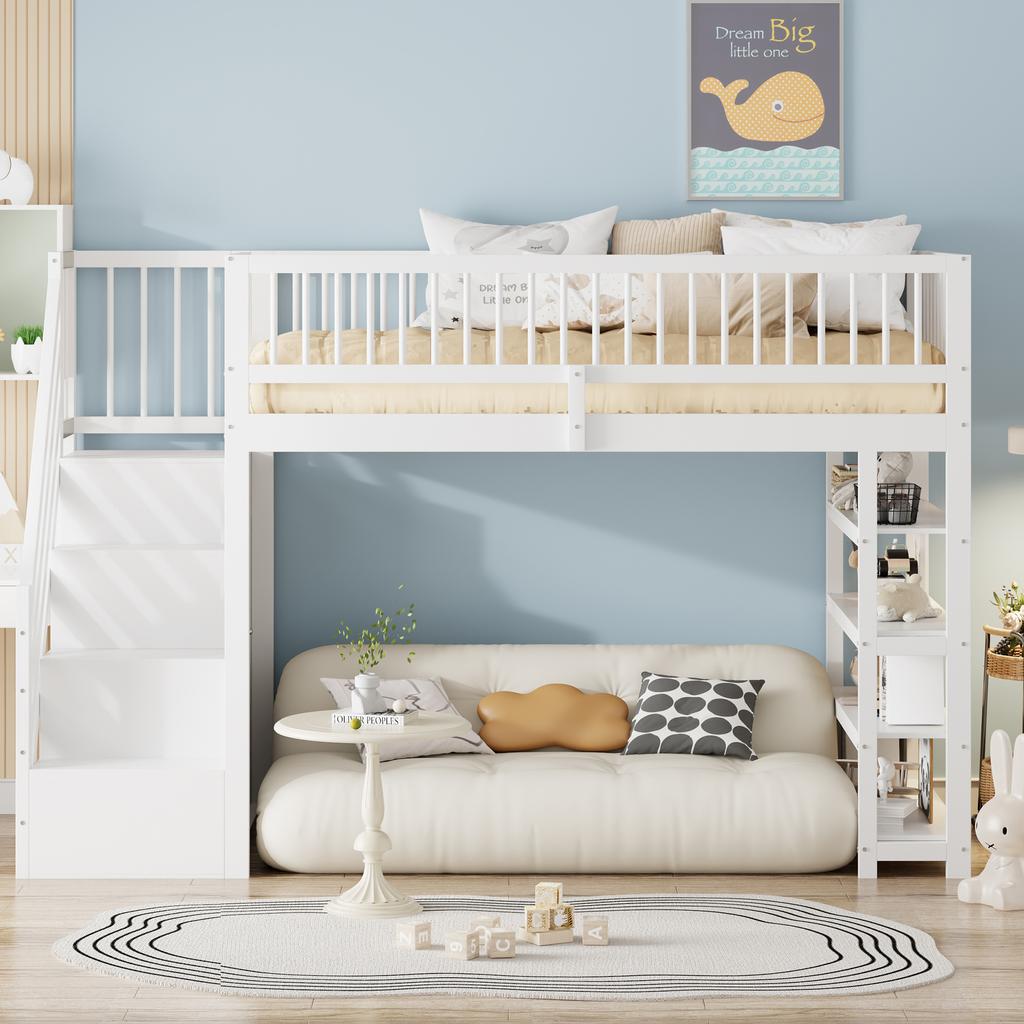 Loft Bed 90 x 200, High-Fence Safety Design with Wardrobe, Shelves and Storage with Safety Climbing Ladder, Multifunctional Bed, Solid Wood Bed, White