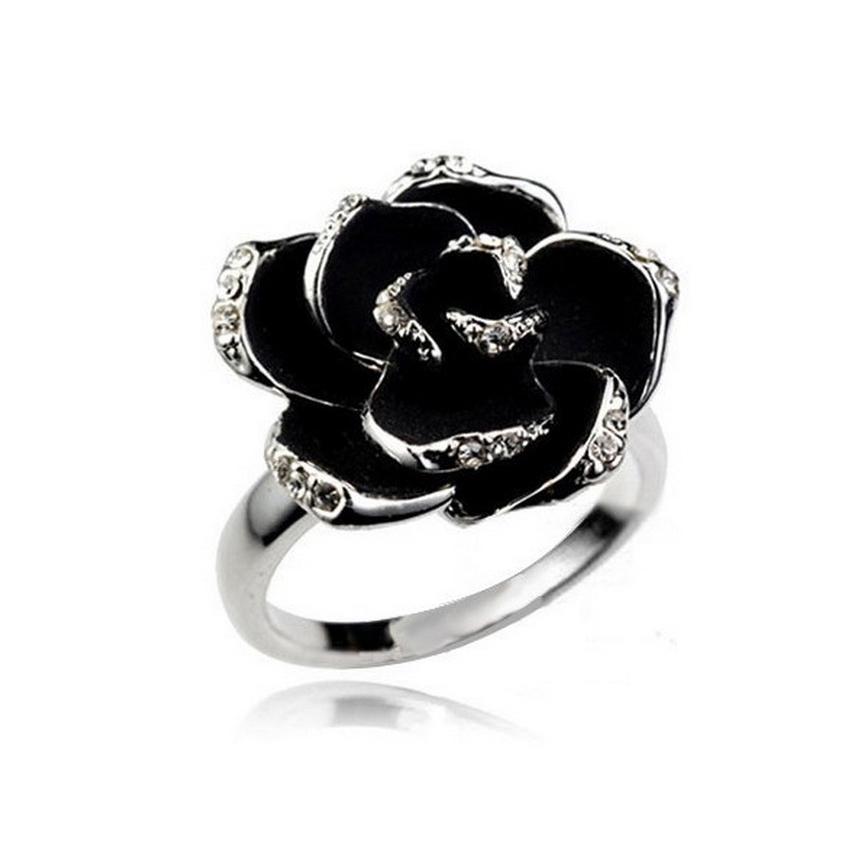 Women's Fashion Black Rose Flower Ring, Alloy, Imitation Drill