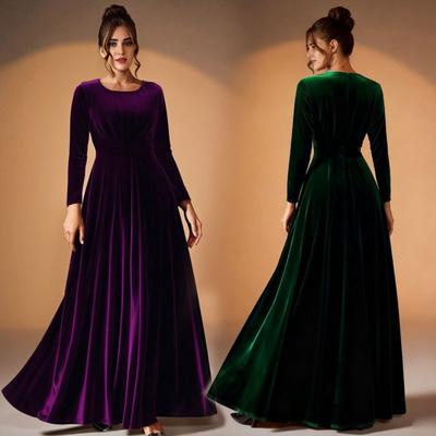 Women's Velvet Maxi Dres Casual Crew Neck Long Sleeve A-Line Swing Dress Fall Cocktail Party Formal Dress for Wedding Guest