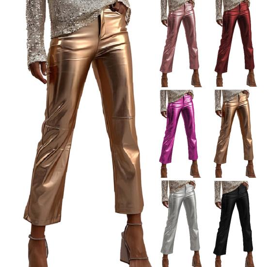 Damenhosen Slim Fit Glänzende Glatte Oberfläche Kunstleder Taschen Mittlere Taille