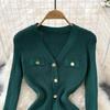Spring Autumn V-neck Solid Knitted Sweater Dresses Women Single Breasted Full Sleeve Slim Bodycon Dress