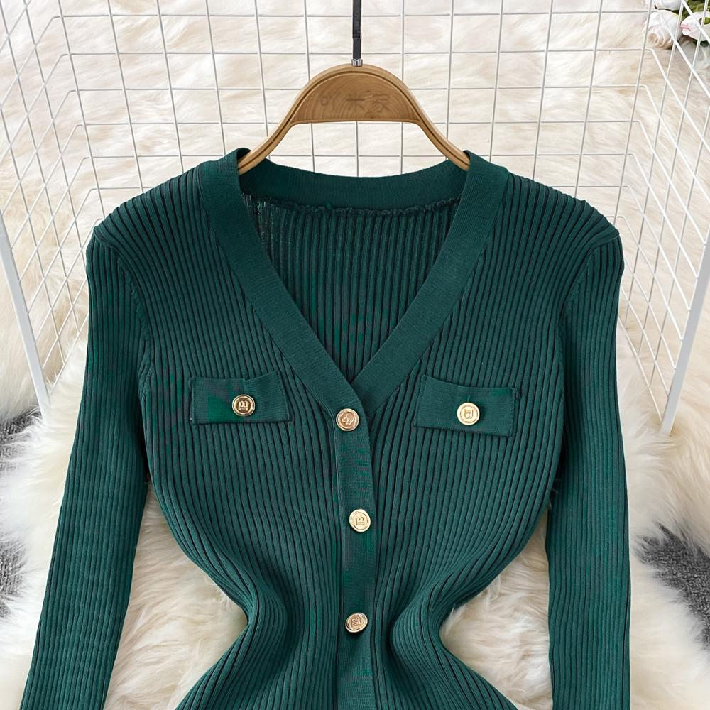 Spring Autumn V-neck Solid Knitted Sweater Dresses Women Single Breasted Full Sleeve Slim Bodycon Dress