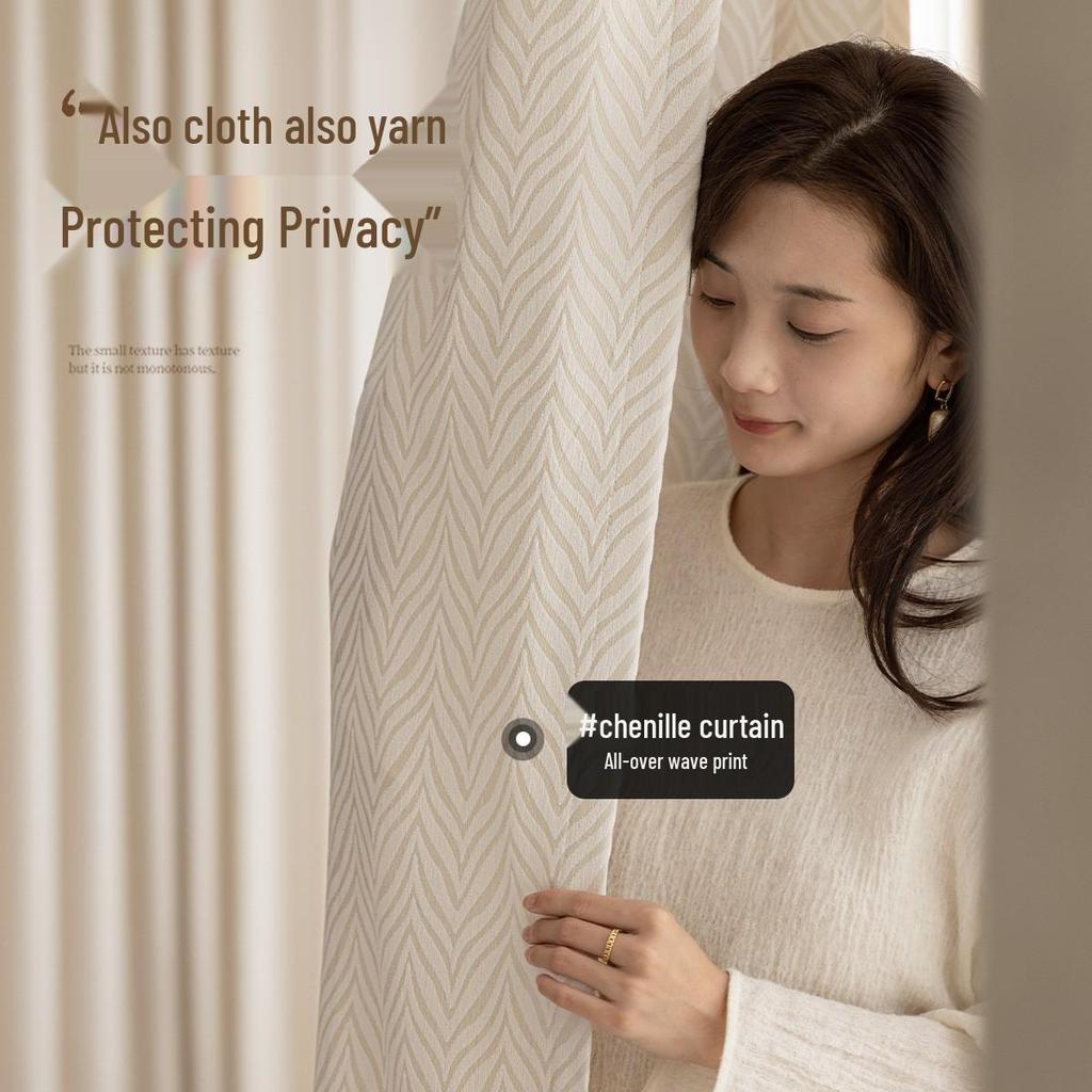 Cream Chenille Jacquard Wavy Sheer Curtains - High-End Translucent, Not See-Through, Ready-Made for Living Room, Korean Style