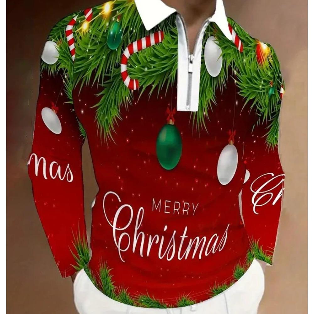 Father Christmas cartoon pattern digital 3D printing polo shirt large size loose men's zip lapel shirt