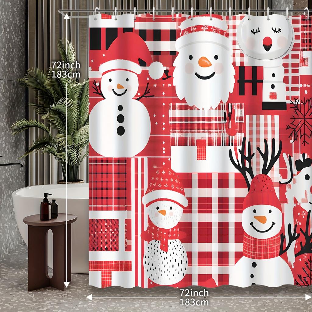 1pc Christmas Home Decoration Red Theme Geometric Plaid Lines Cartoon Santa Snowman Print Shower Curtain, Includes 12 Hooks