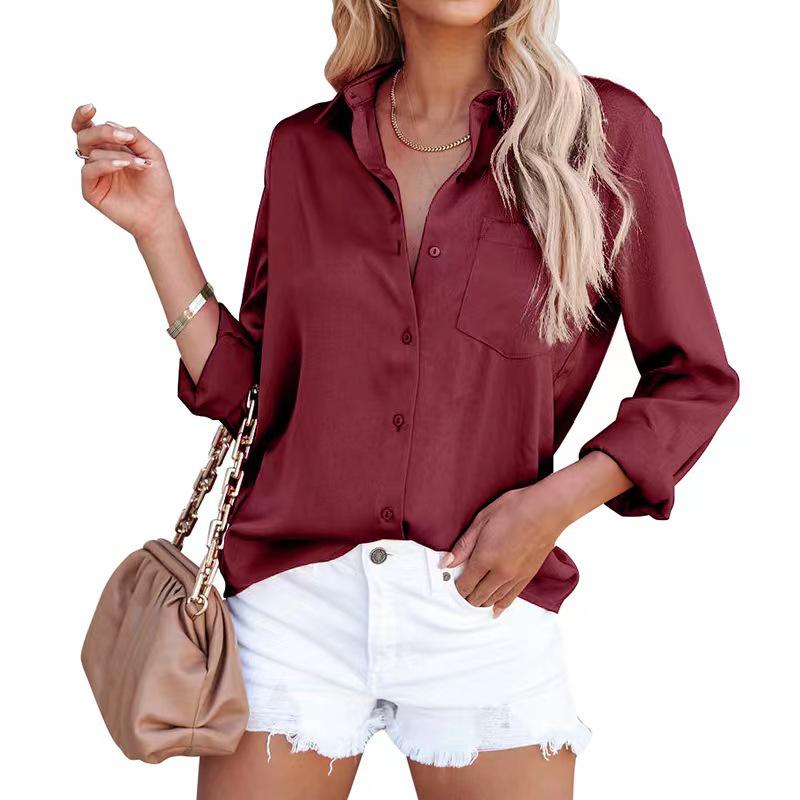 2025 Spring Collection: Women's Solid Color Satin Long Sleeve Business Top