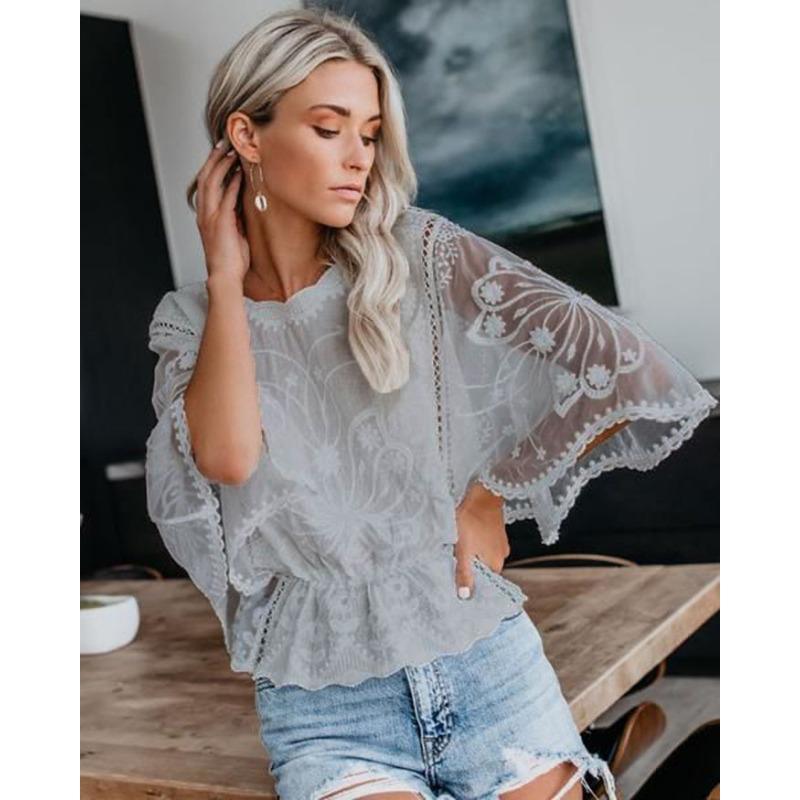 Nuova Moda Pizzo Estate Camicetta Donna Manica Corta Larga Camicia Manica a Pipistrello Top Larghi da Donna Scollo a O Tinta Unita Elegante Slim Fit Abbigliamento da Ufficio