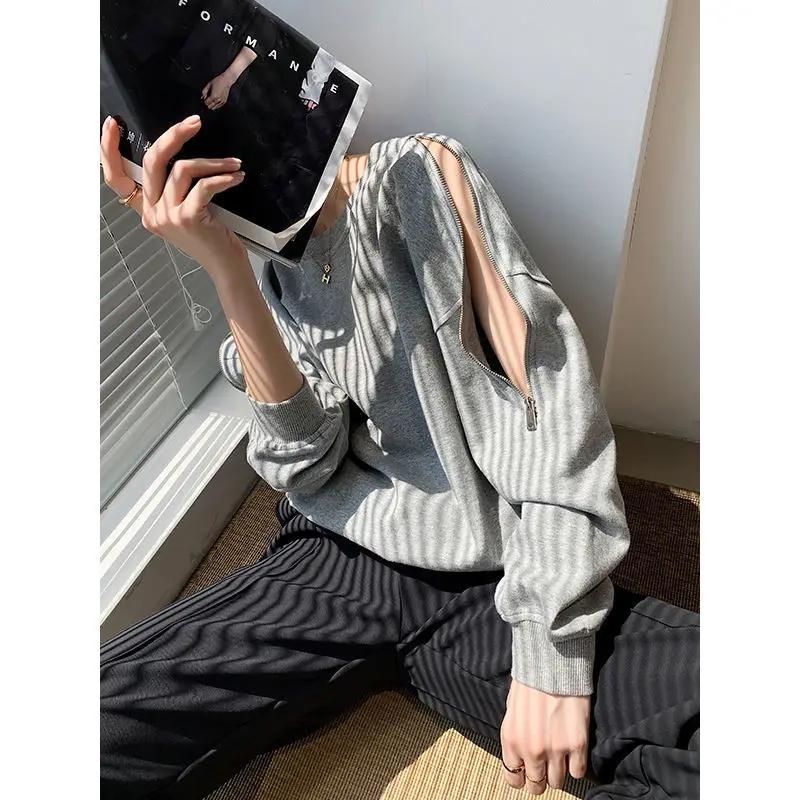 Design Zipper Off-shoulder Long Sleeve Round Neck Loose Top Women's Sweatshirt 2025 New Women's Korean Fashion