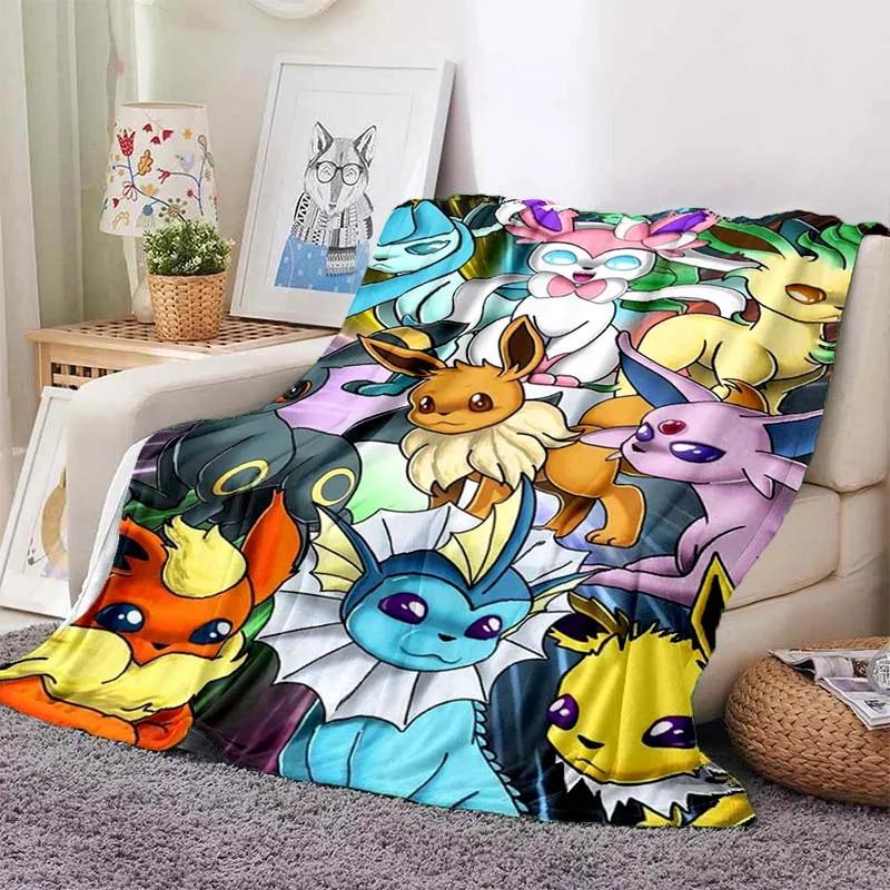 Cartoon Warme Weiche Pokémon Evoli Decke Flauschige Sofa karierte Plüsch Tagesdecke Winter Vier Jahreszeiten Überwurfdecke für Sofa Bett