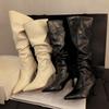 Winter Fashion Pleated Pointed Toe Women Long Boots Street Style High Heels Party Stripper Female Leather High Booties