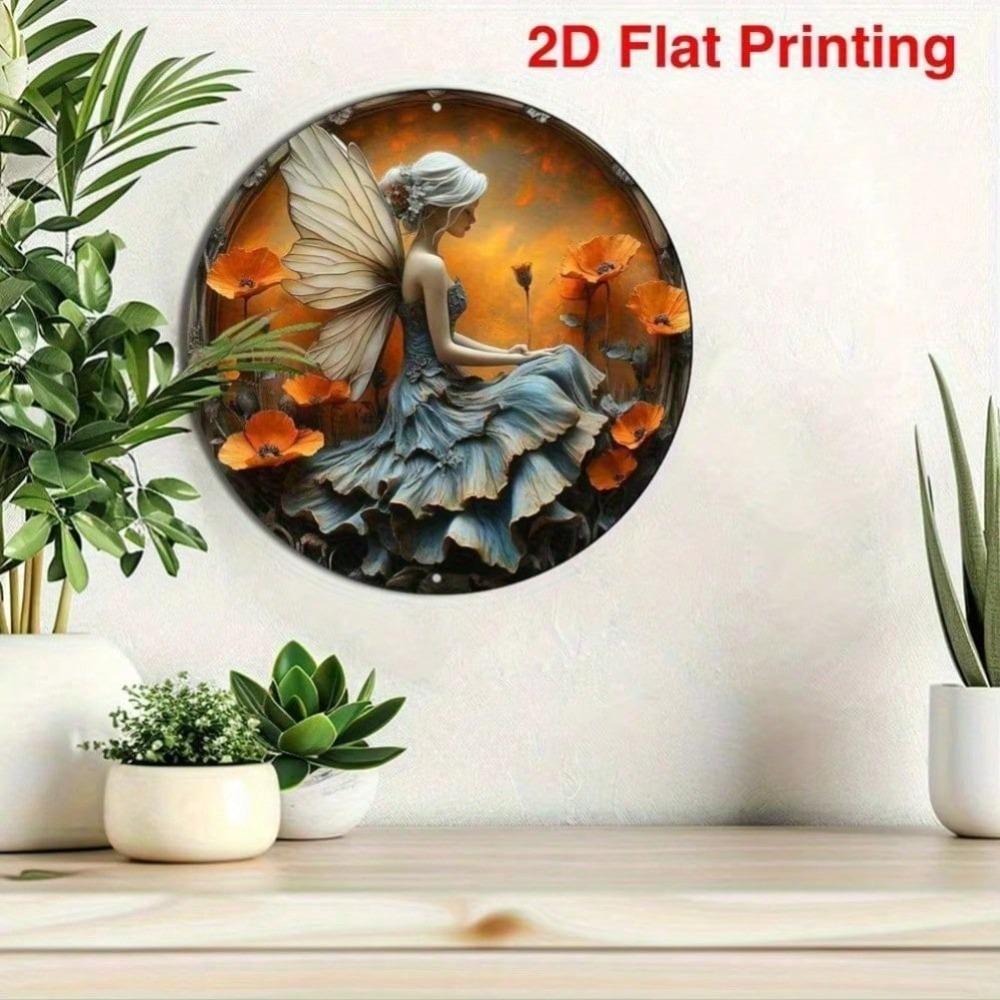 2D Flat Tin Sign Fairy with Butterfly Wings and Poppies for Home Office Wall Art
