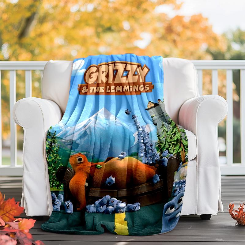 1 Stück Grizzy The Lemmings1 Thema Decke - Digitaldruck, Polyester, Gemütlich für alle Jahreszeiten, Perfekt für Draußen, Camping und Reisen