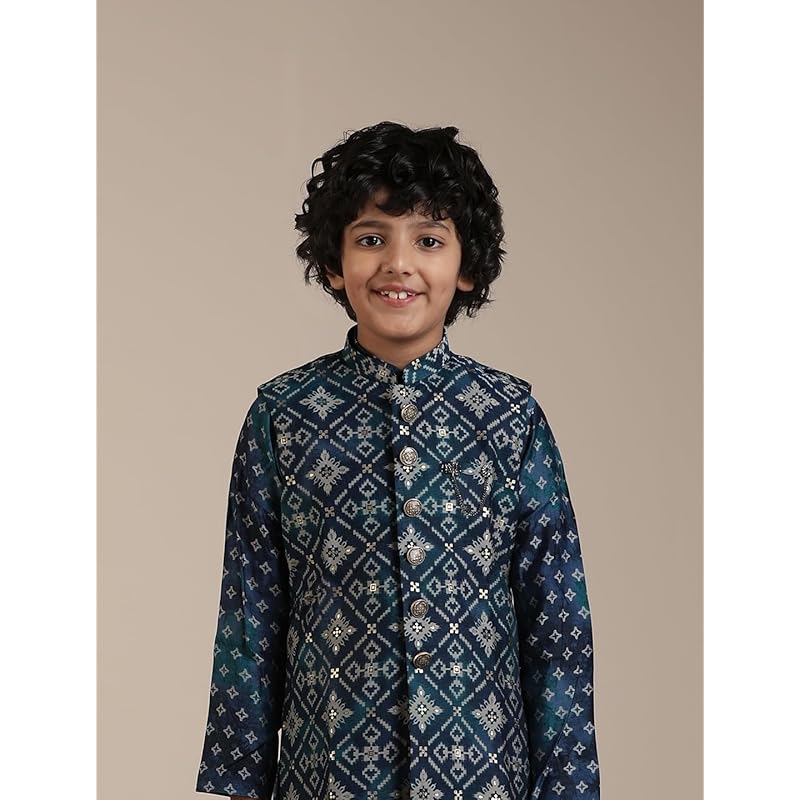 Manyavar Teal Blue Blended Viscose Foil Print Kurta Jacket Pyjama Set for Child 9-10 Y синий