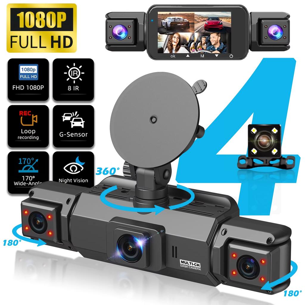 2025 New Car Dash Cam 4 Channel Driving Camera with WiFi 1080P Front Left Right Rear Night Vision Loop Recording Black Box Car Assecories