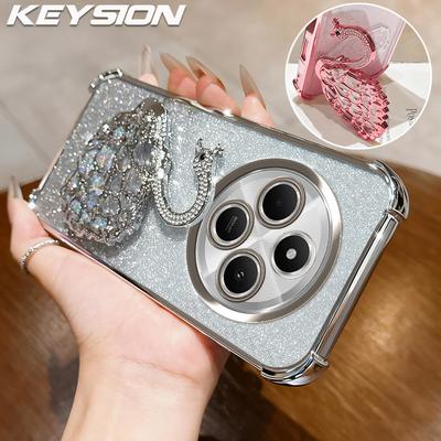 KEYSION Shockproof Plating Phone Case for Redmi 14C Clear TPU Glitter Jewelled Swan Kickstand Back Cover for Xiaomi POCO C75