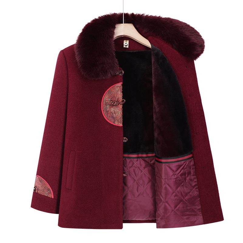 Chinese Style Winter Fur Collar Coat for Elderly Women - Thick Cotton Velvet Jacket